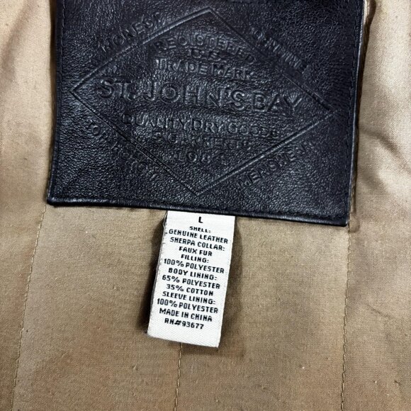 St Johns Bay Leather Sherpa Collar Aviator Jacket Mens Large Black Bomber Coat - Picture 8 of 16